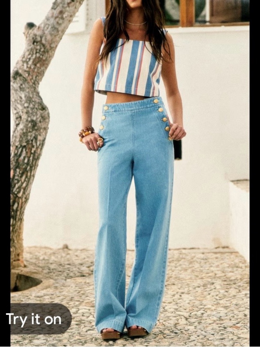 NWT SEZANE Marga Top Ecru Vertical Stripe Button size 40/large Blue/ Red / cream